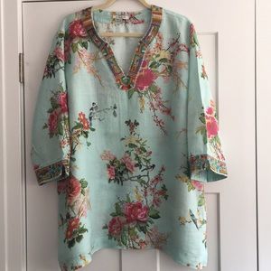 John Mark Linen birds and flowers top - XL